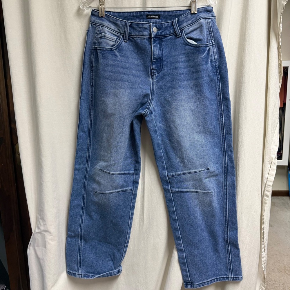 Flamingals Medium Wash Straight Leg Seam Detail Wide Jeans Blue Denim Size L